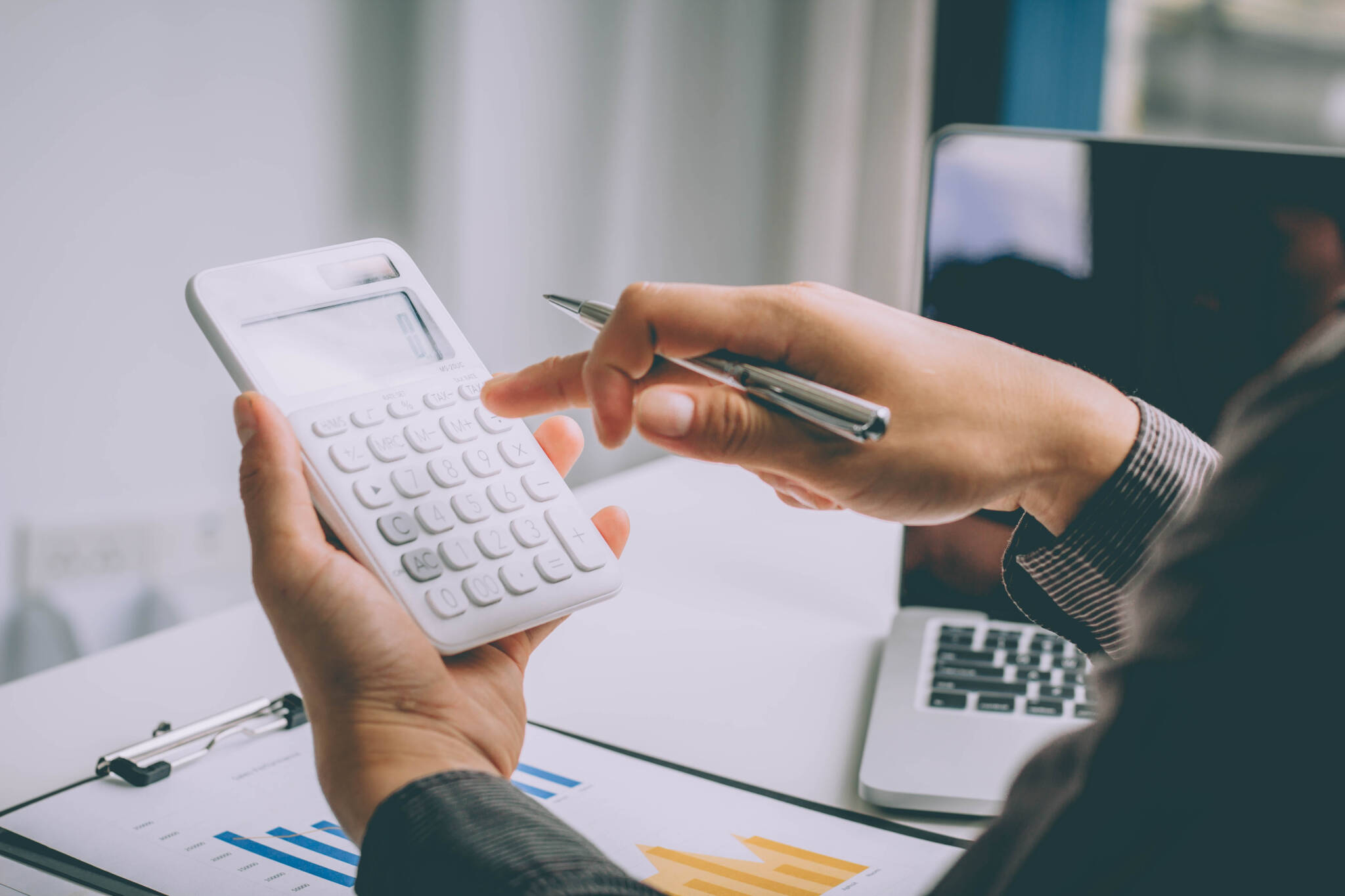 Business Accounting, Businessman Using Calculator With Budget Do